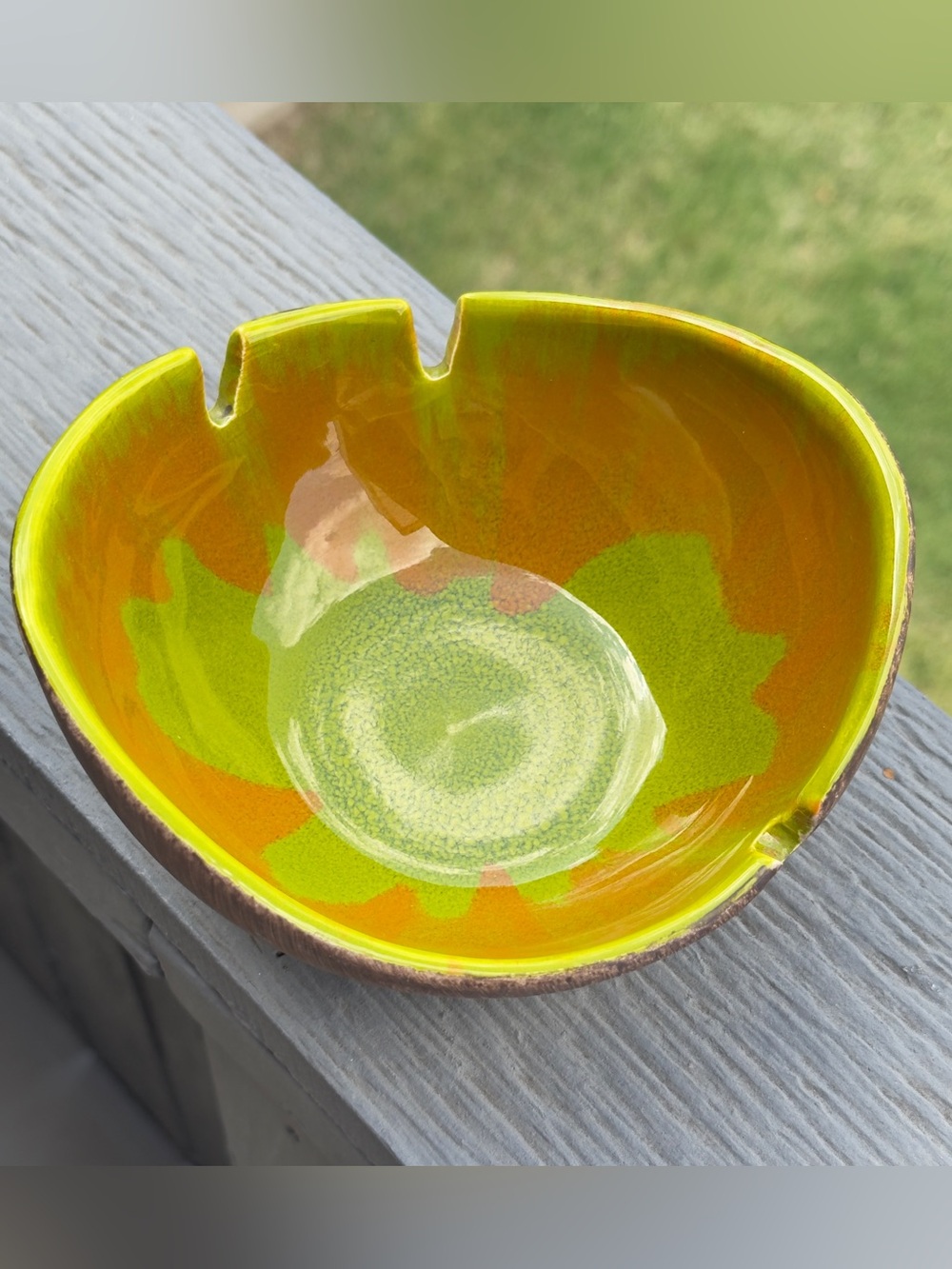 Vintage Mid-Century California Green and Brown Ceramic Pottery Round Ashtray
